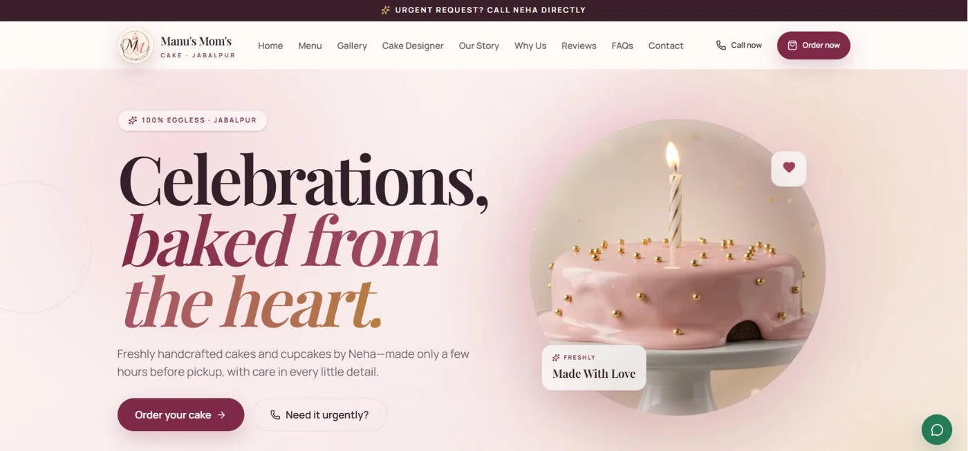 Manu’s Mom’s Cake homepage with eggless bakery message and ordering actions