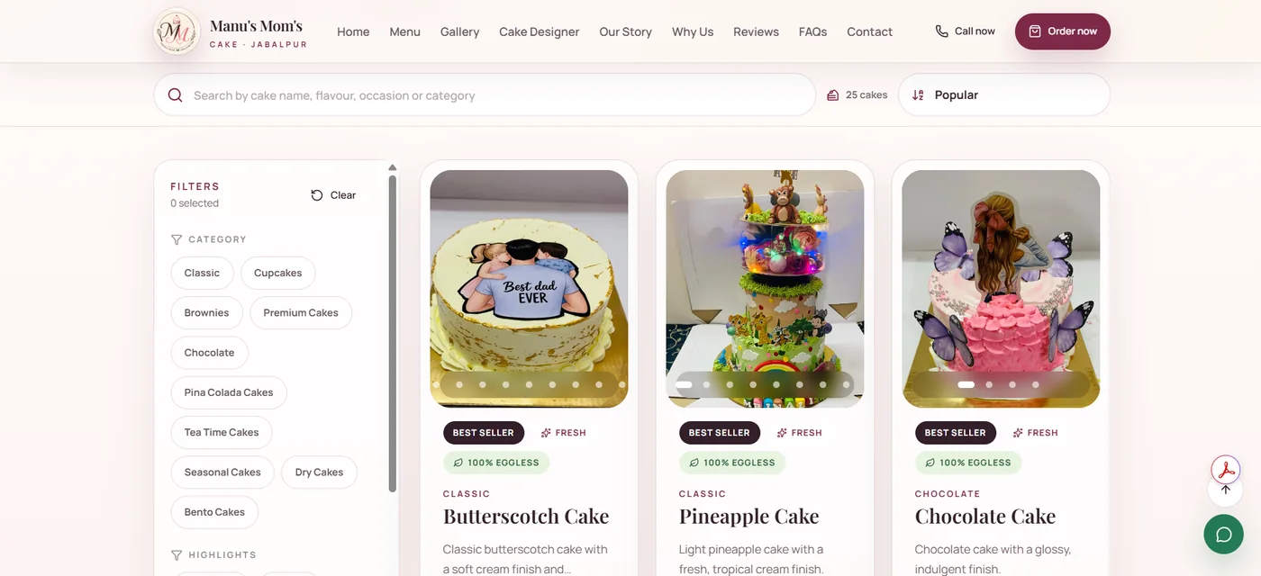 Manu’s Mom’s Cake menu with category filters and cake cards